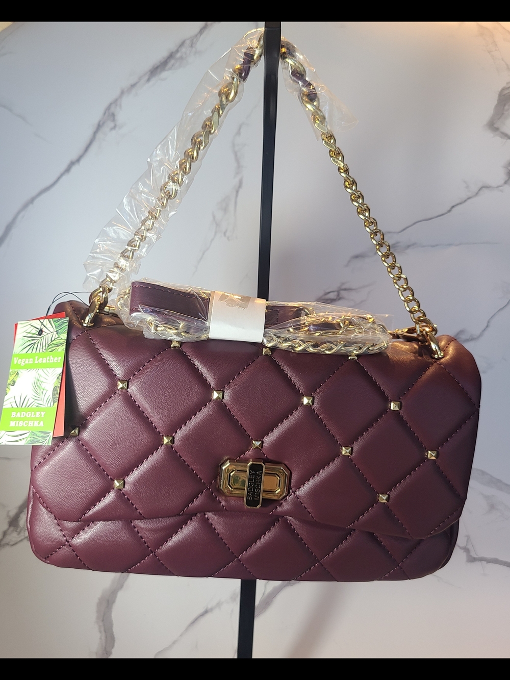 Badgley Mischka Quilted Shoulder Bag in Plum with Gold Chain